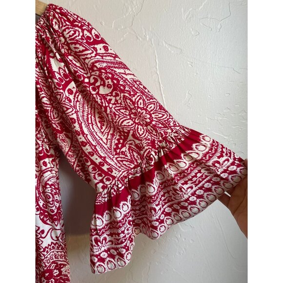 Umgee Size Small Red Cream Boho Bohemian Off the Shoulder Slip Shift Dress - Picture 6 of 6